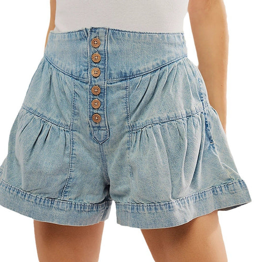 Women's Ruffled Denim Summer Casual Elastic Pocket Shorts
