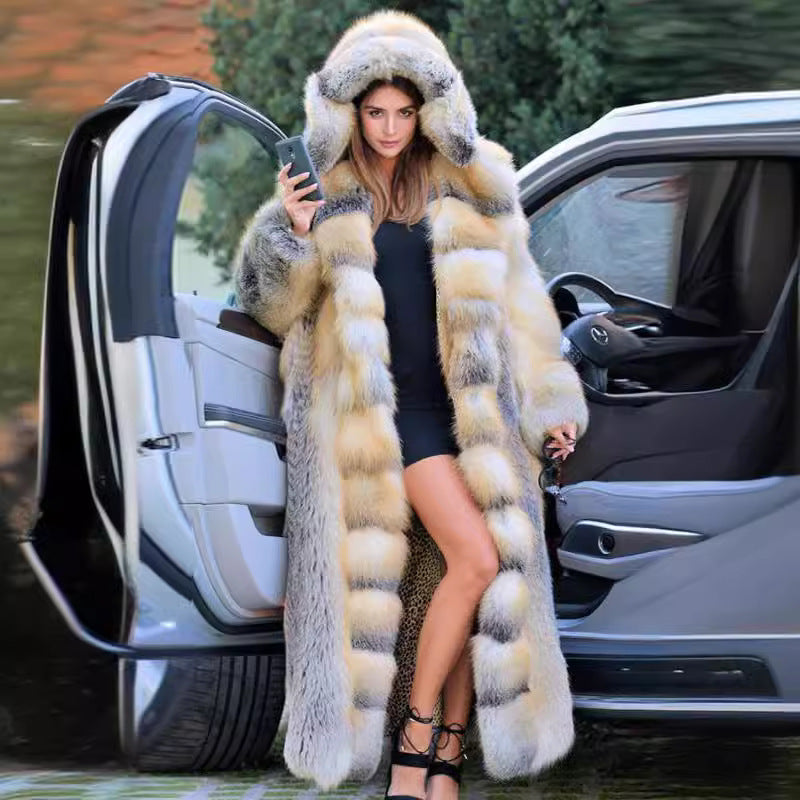 Women's Long Hooded Stitching Faux Fur Autumn Coats