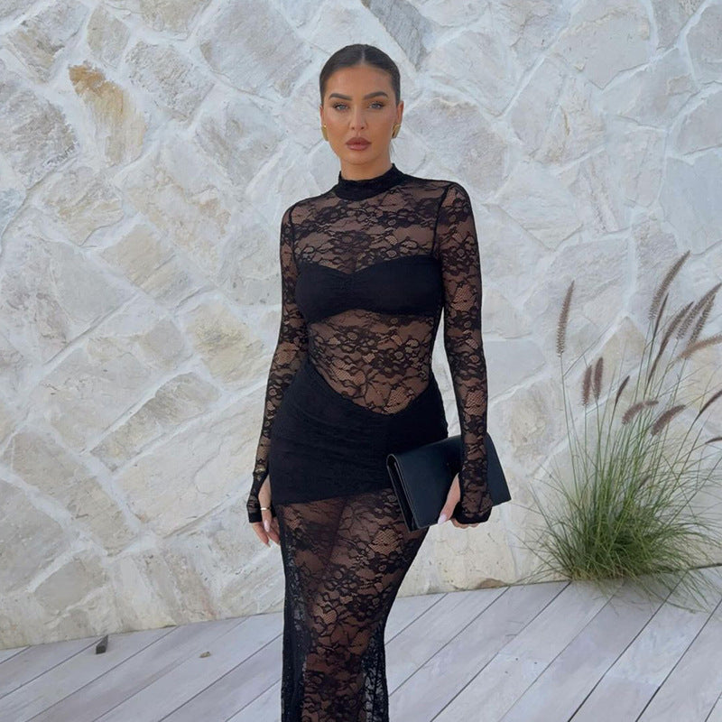 Hot Style Jacquard Lace Half Turtleneck Long Dress