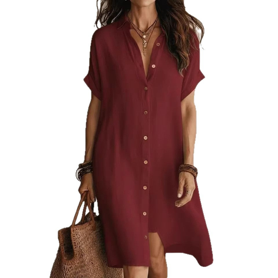 Cotton Linen Shirt Fashion Casual Short-sleeved Dress