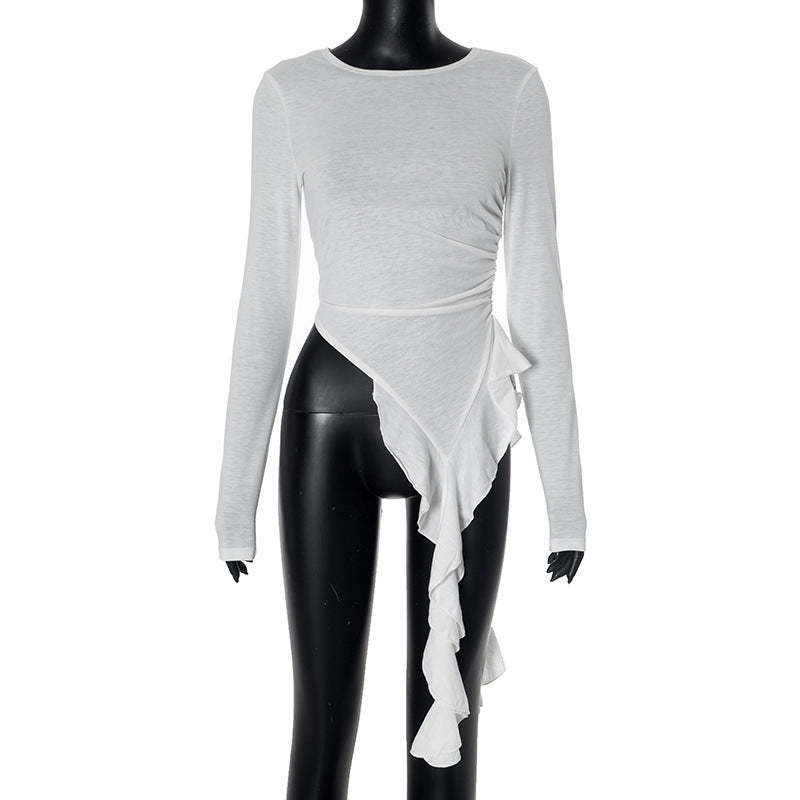 Women's Autumn Solid Color Round Tie Ruffled Long-sleeved Blouses