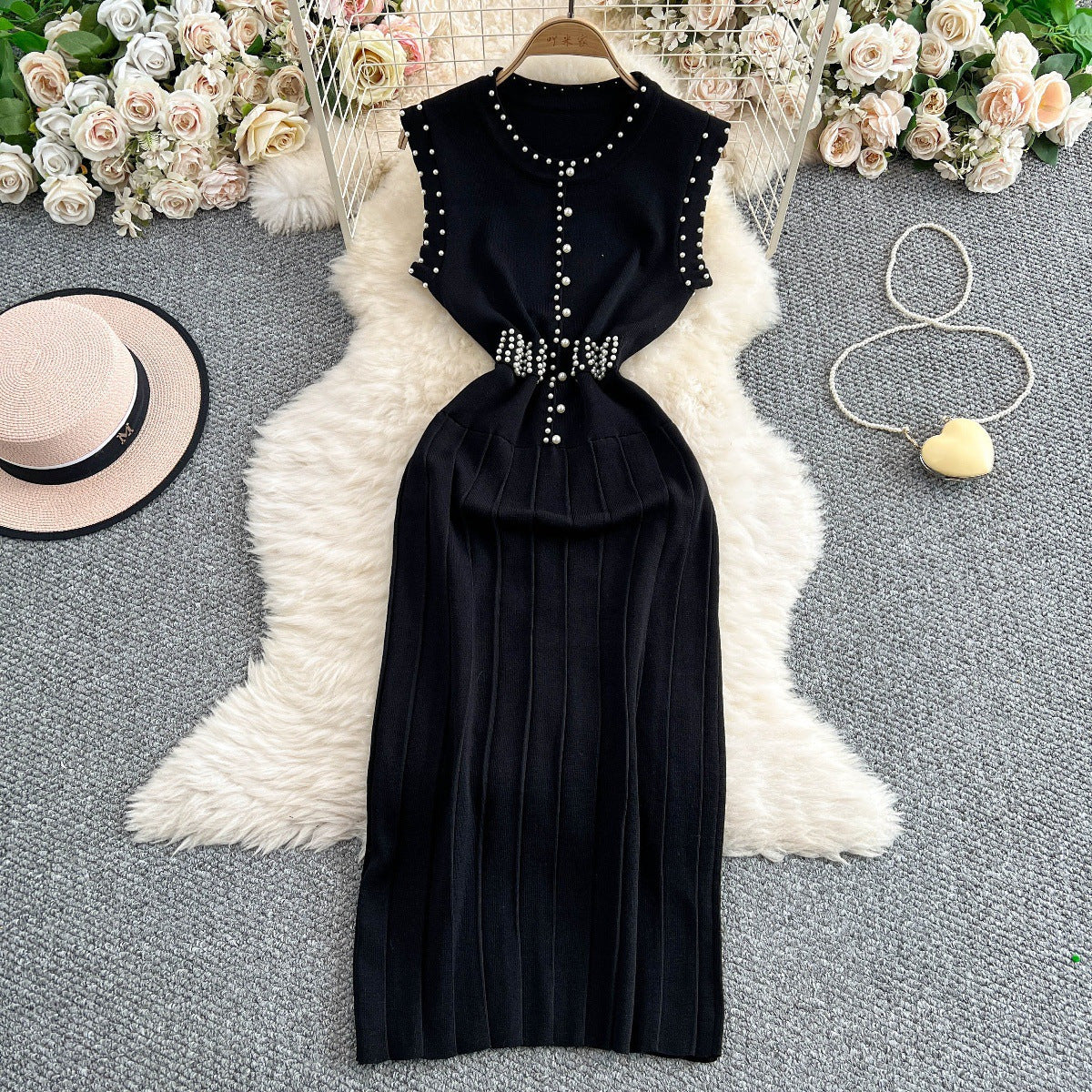 Women's Light Luxury High-grade Beaded Sleeveless Round Dress