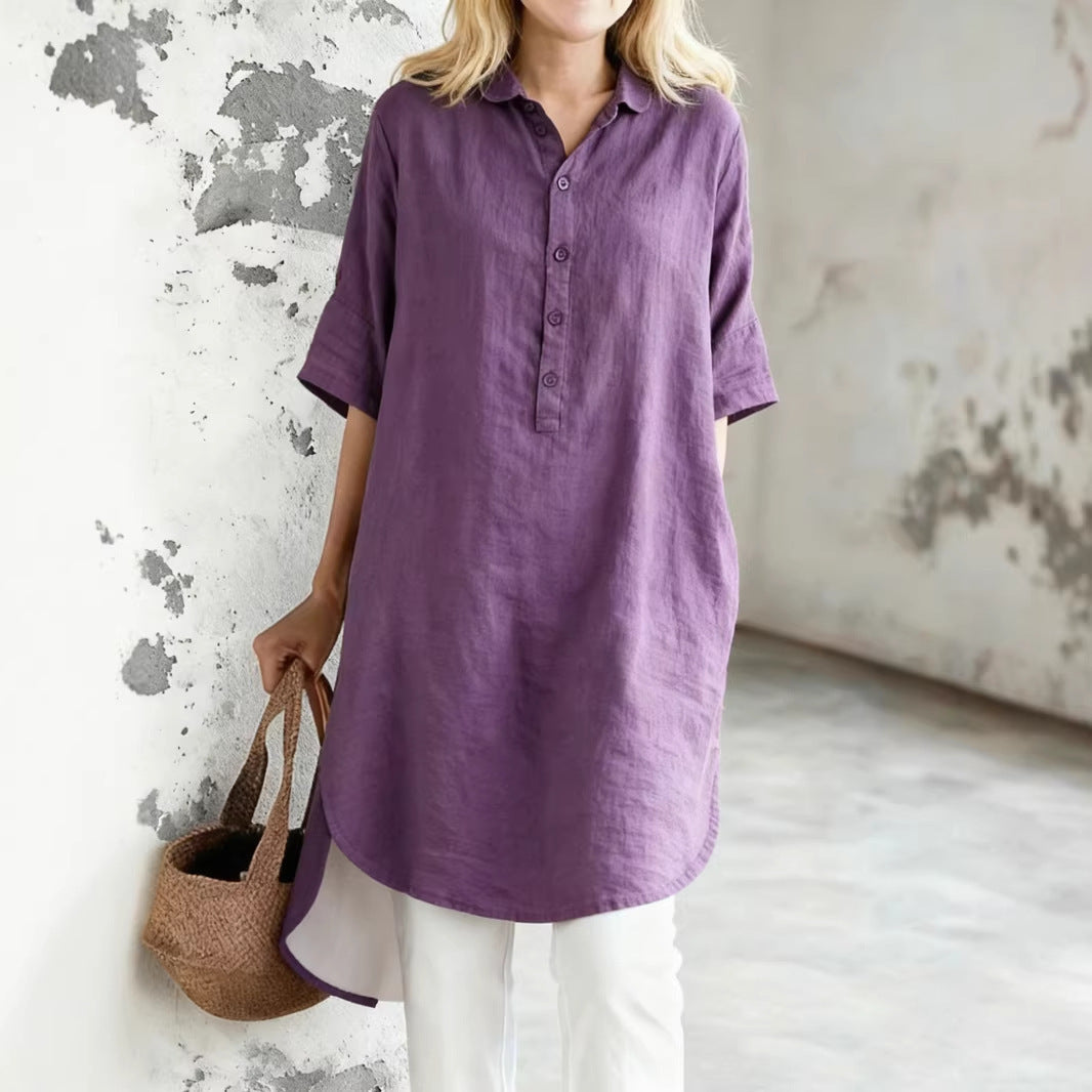 Casual Cotton Linen Sleeve Loose Shirt Dress