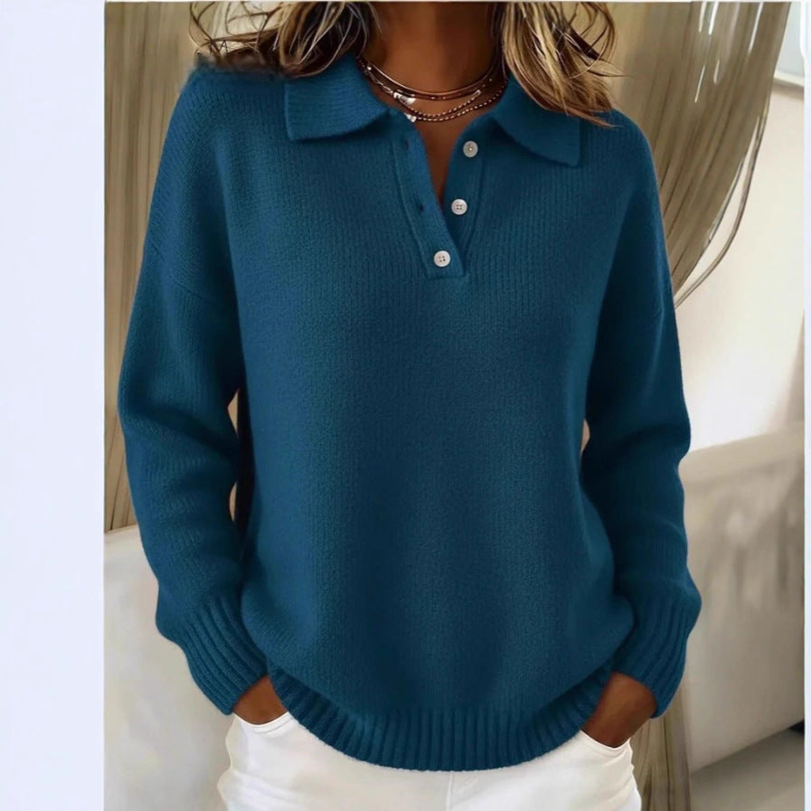 Women's Loose Lazy Style Soft Glutinous Polo For Long Sleeve Button Sweater