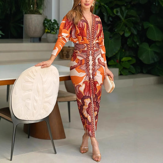 Women's Printed Sexy Long Sleeve Split Dress Dresses