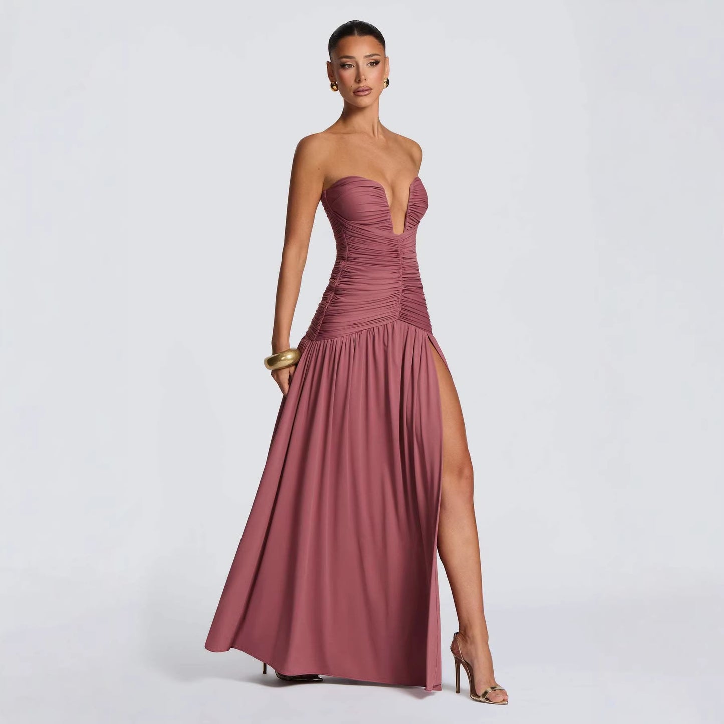 Women's Color Sexy Tube Pleated High Slit Tops