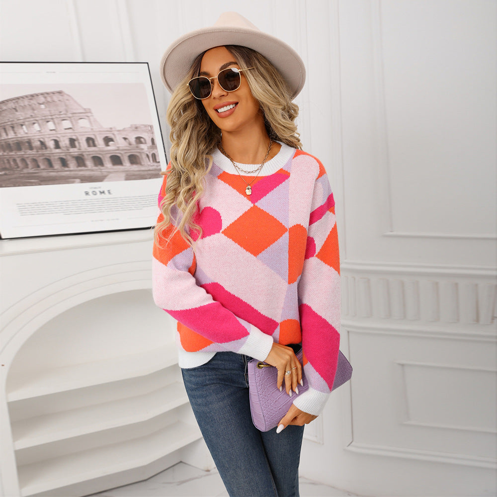 Round Neck Knitted Chessboard Plaid Love Sweater