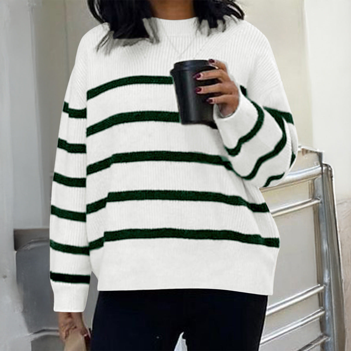 Slouchy Women's Casual Striped Wool Long-sleeved Sweater