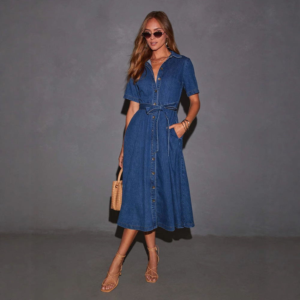 Women's Retro Denim Dress Long Fashionable French Dresses