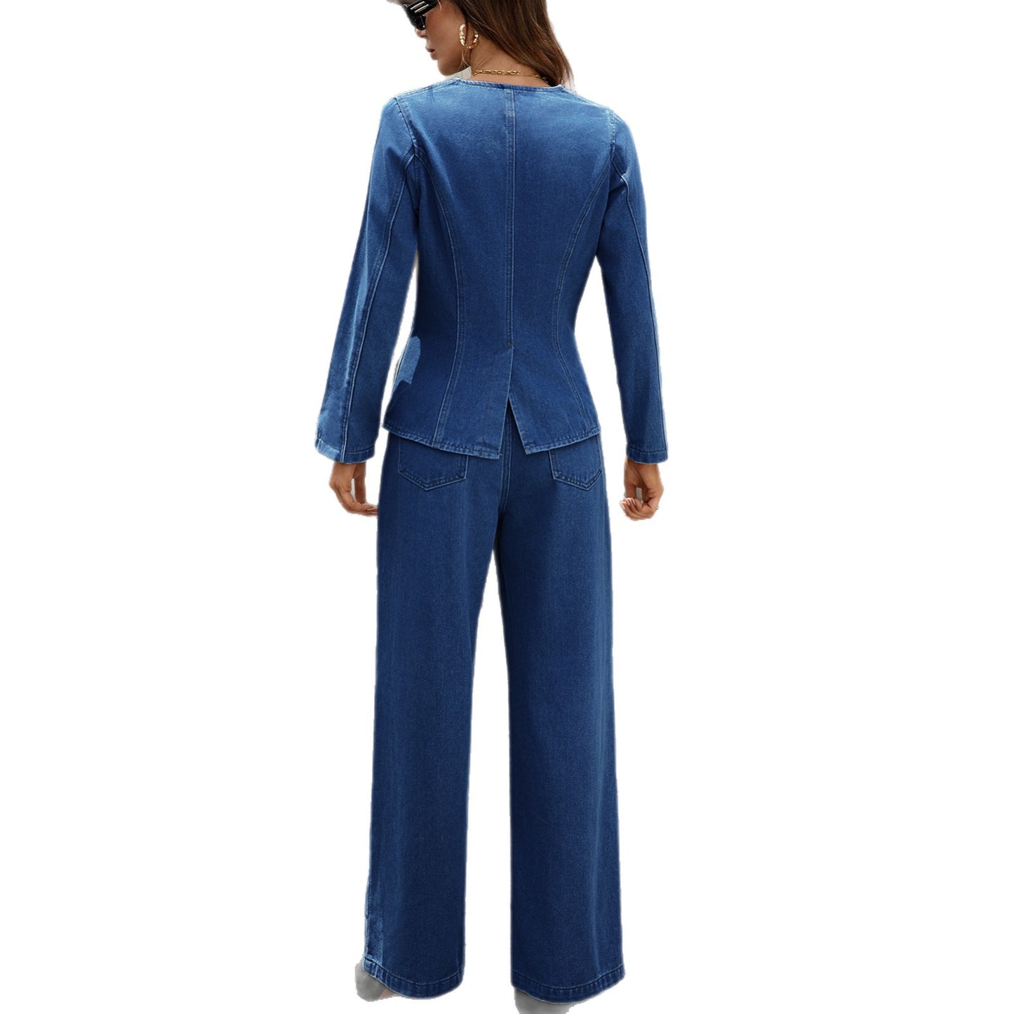 Classic Wash Long Sleeve Denim Trousers Fashion Casual Suit