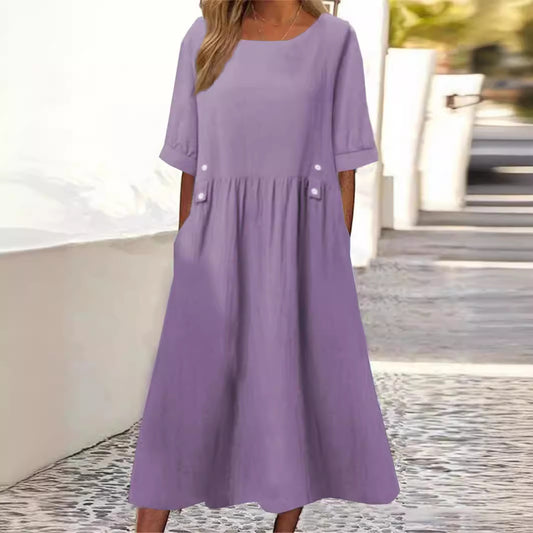 Cotton Linen Dress Round Neck Loose Dresses