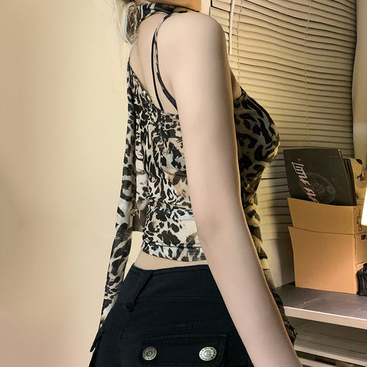 Light Leopard Print Mesh American Hot Street Sexy Blouses