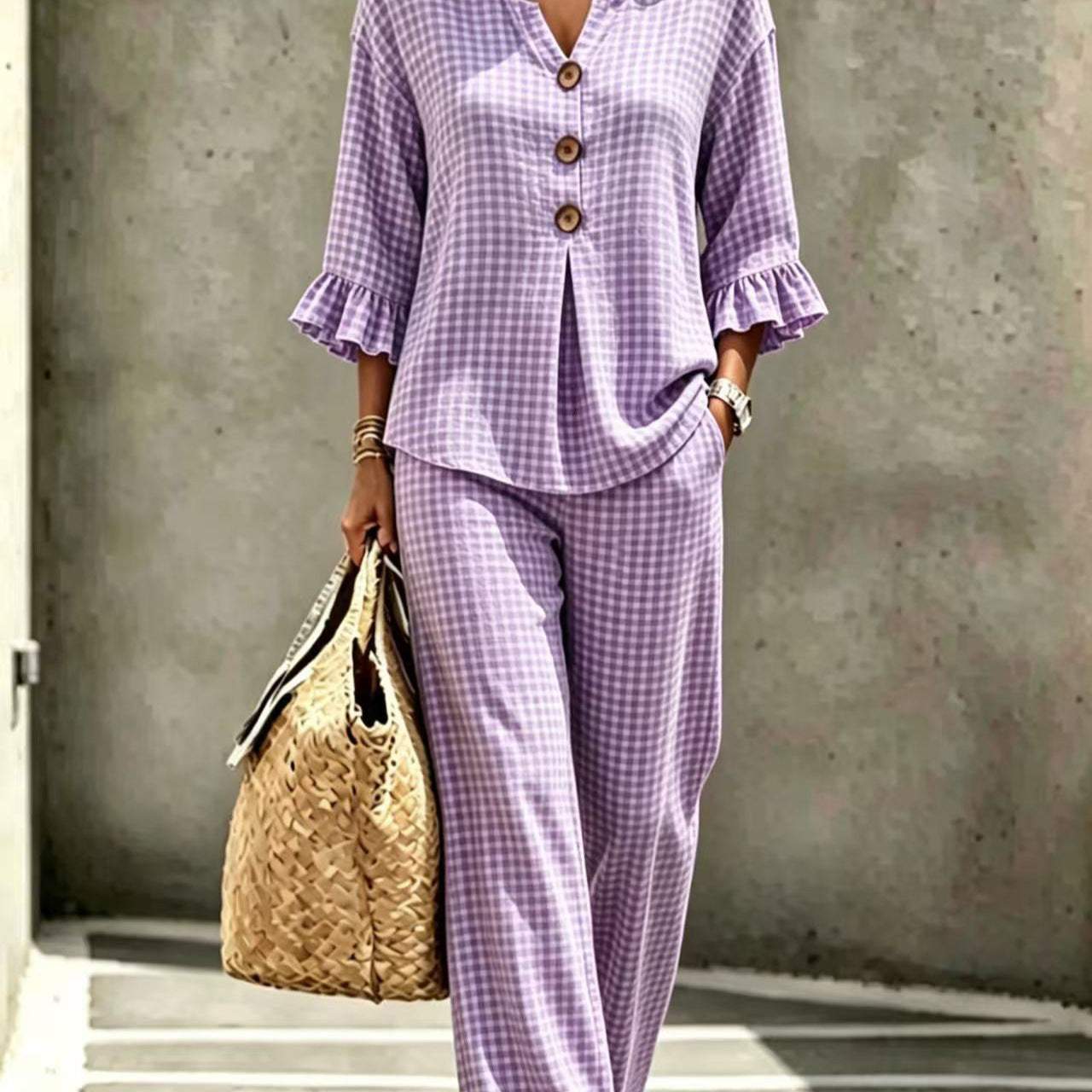Women's Button Flounce Plaid Sleeve Trousers Tops