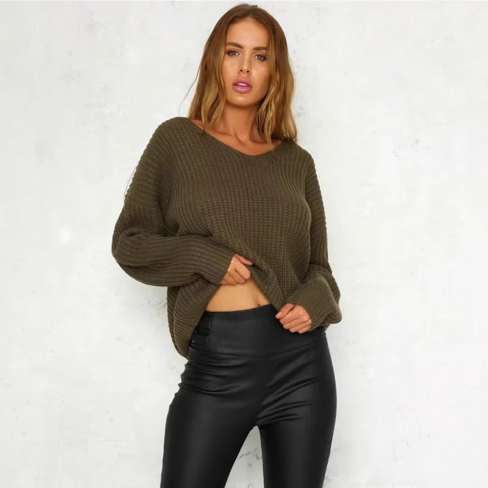 Women's Loose Pullover Solid Color Cross Sweaters
