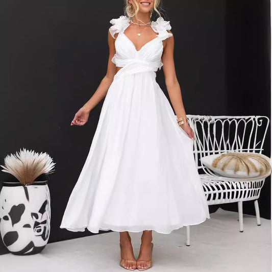 Women's Summer Sexy Sleeveless Solid Color Pleated Dresses