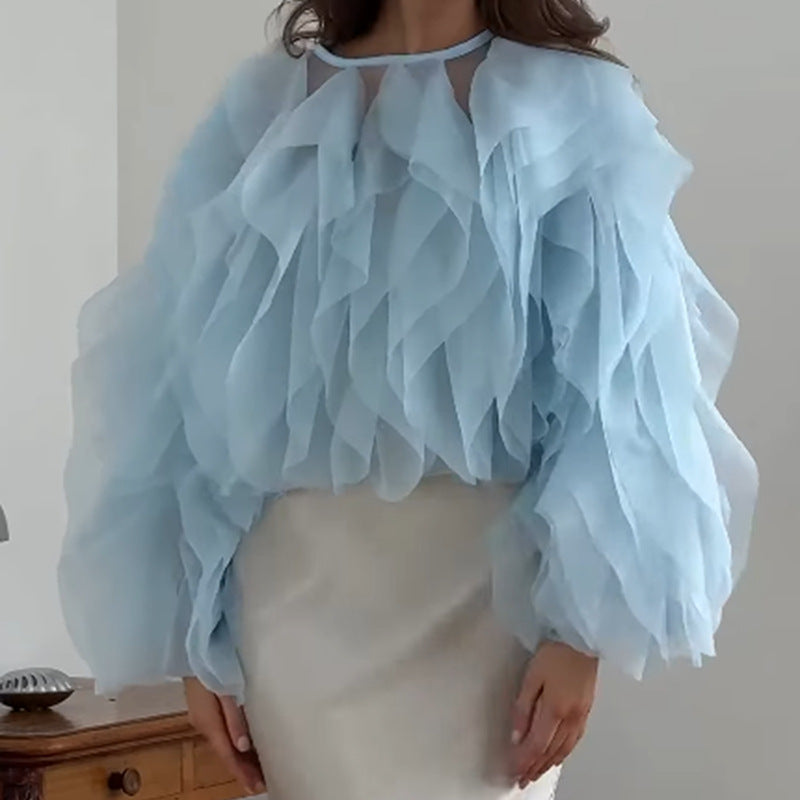 Women's Design Ruffled Stitching Solid Color Round Blouses