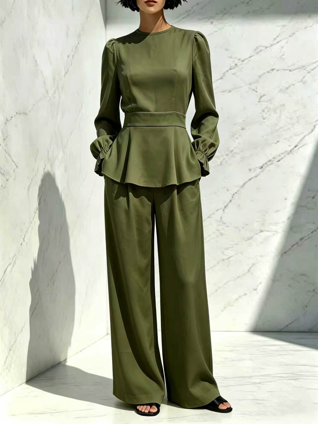 Long Sleeve Trousers Puff Design Elastic Fashion Casual Suit