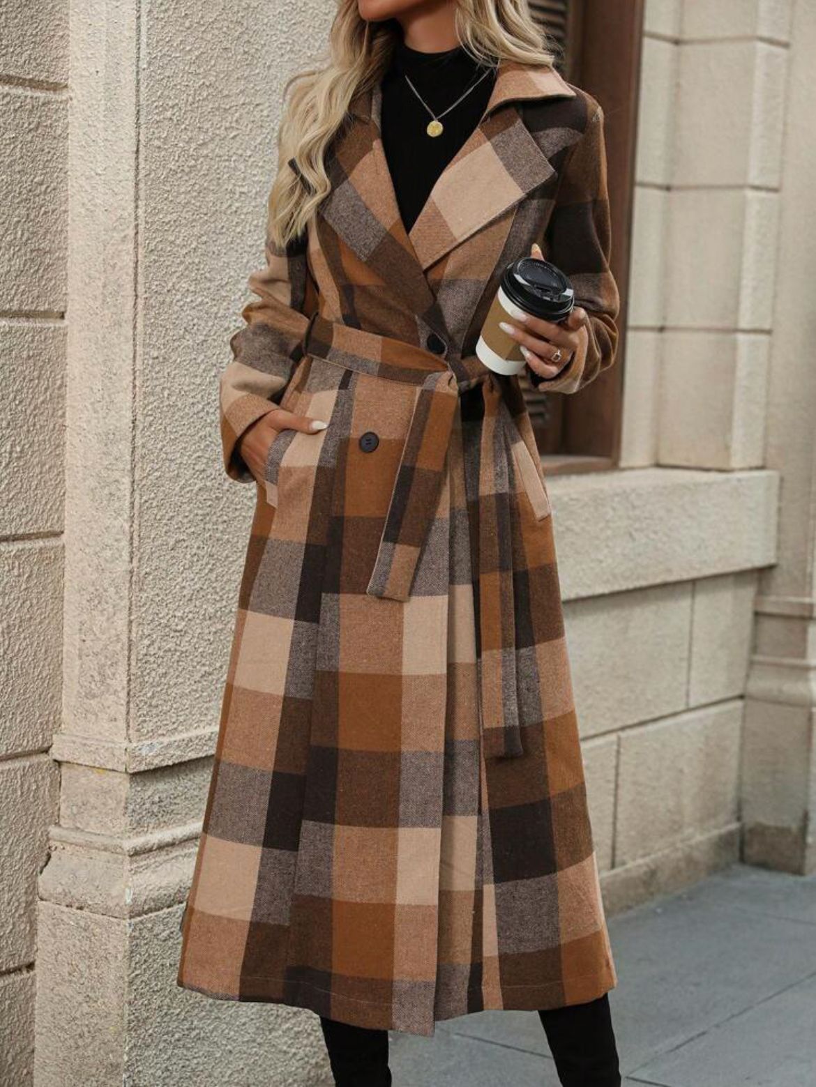 Women's Lapel Woolen Lace Up Double Breasted Extended Coats
