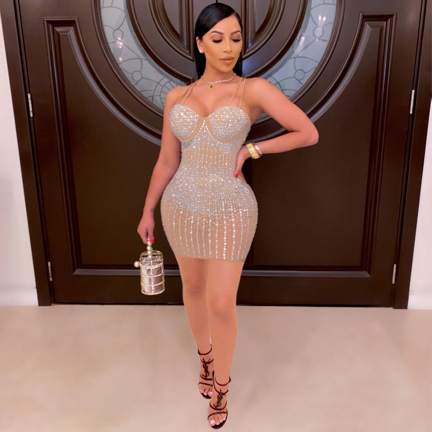 Sexy Rhinestone Slim Strap Dress Nightclub Dresses