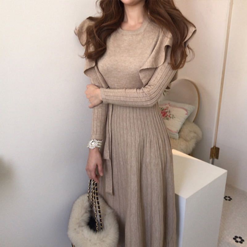 Attractive Elegant Ruffled Knitted Dress Mid-length Dresses