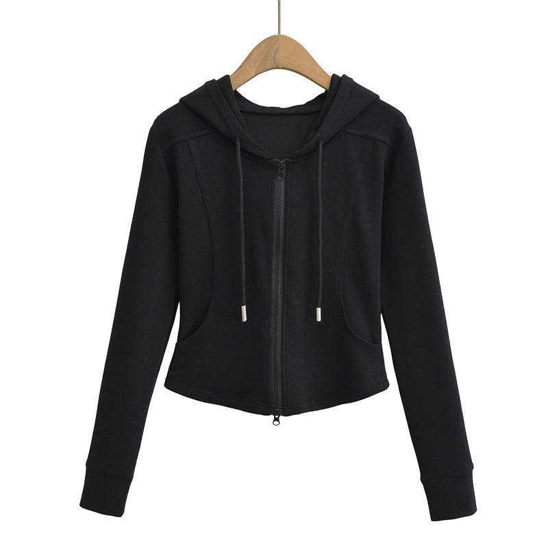 Autumn Fashion Simple Style Double Zipper Hooded Drawstring Tops