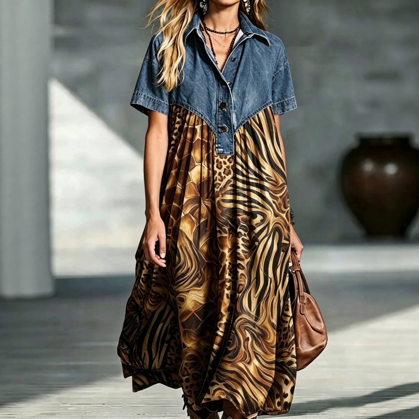 Women's Casual Fashion Denim Stitching Loose Retro Dress