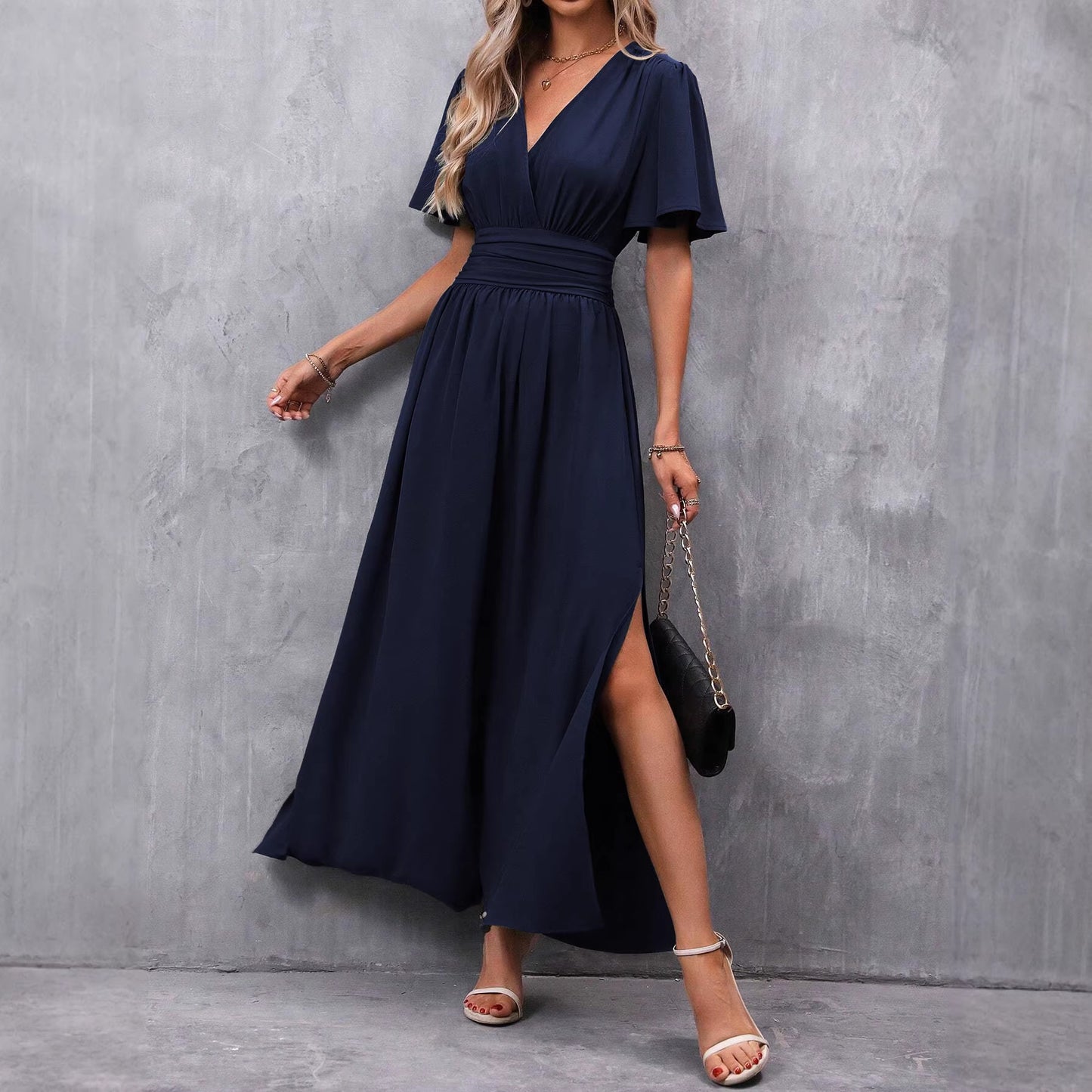 Women's Flying Sleeves Back Waist Smocking High Slit Dress