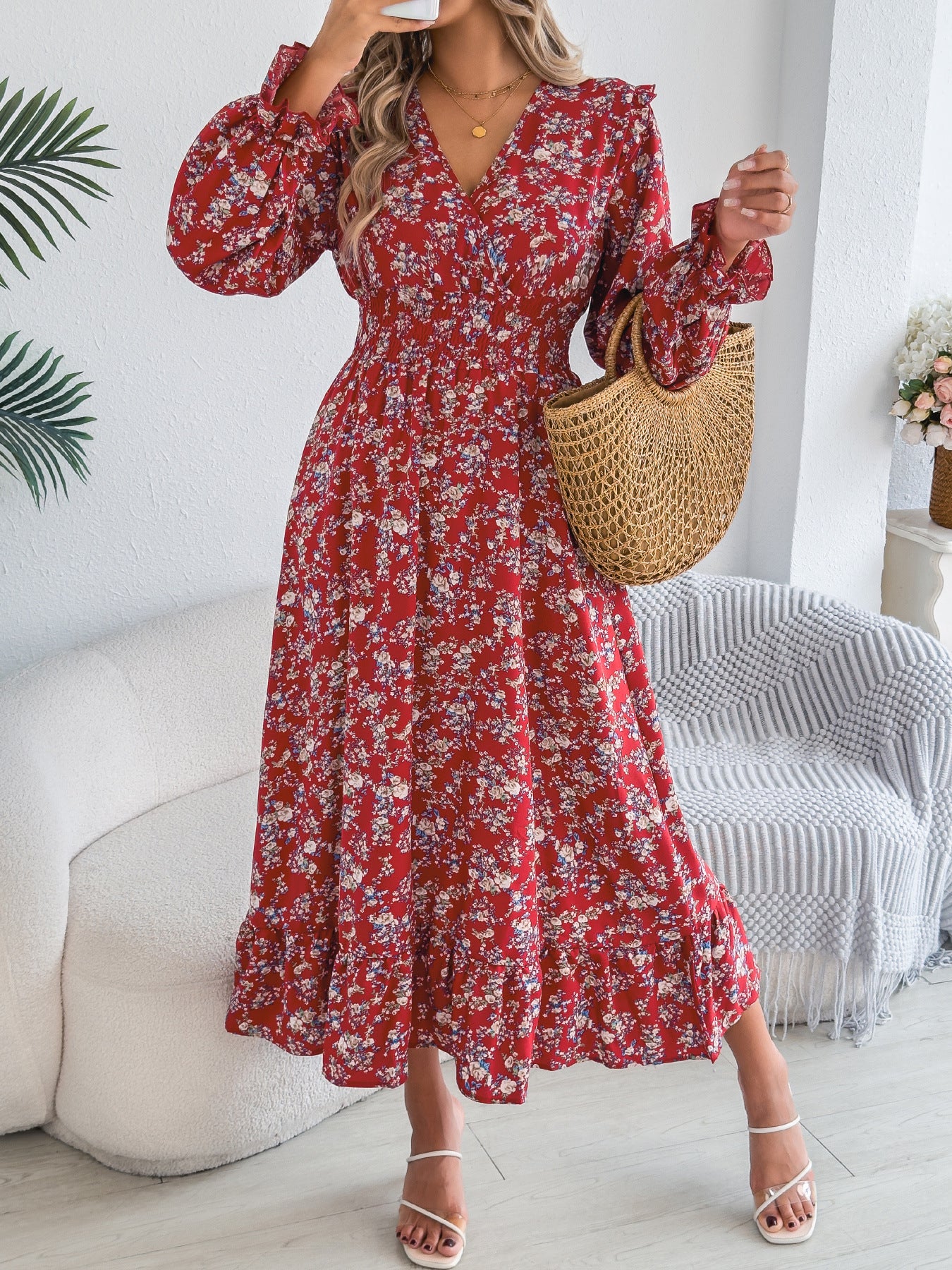 Women's Elegant Floral Cross Waist Trimming Ruffles Dress