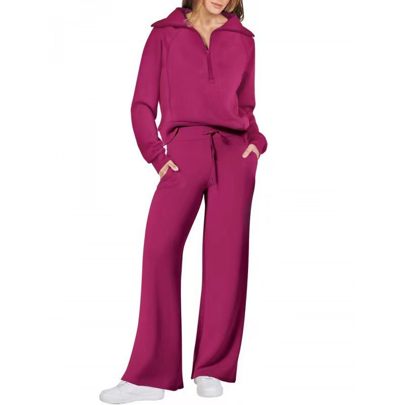 Women's Exercise Zipper Sweatshirt Wide Leg Pants