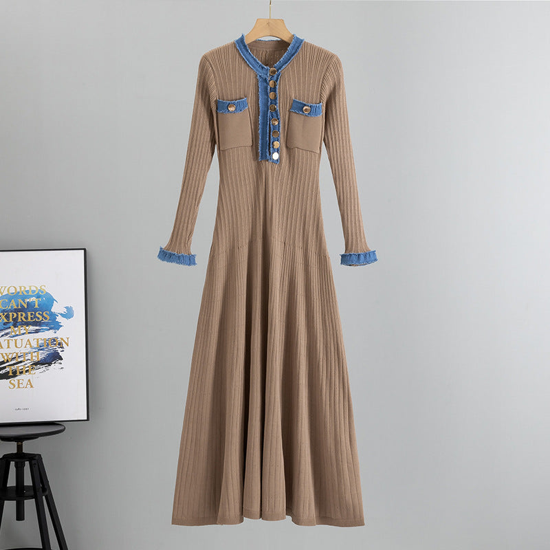 Women's Elegant Slim Denim Stitching Contrast Color Dress