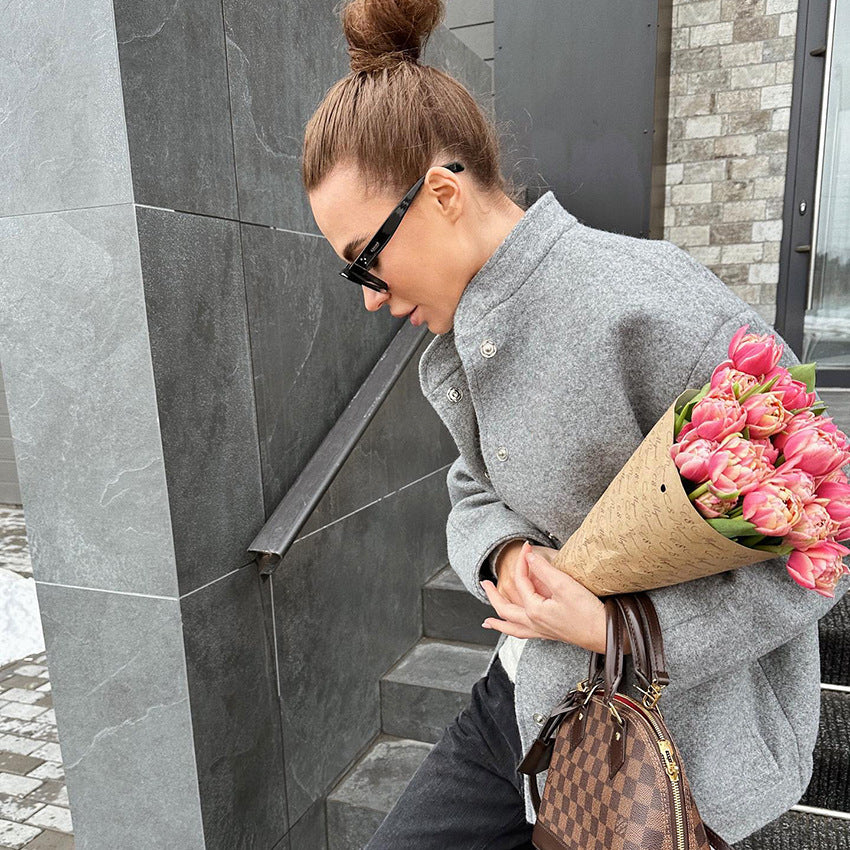 Women's Gray Woolen Graceful Stand Collar High-grade Coats