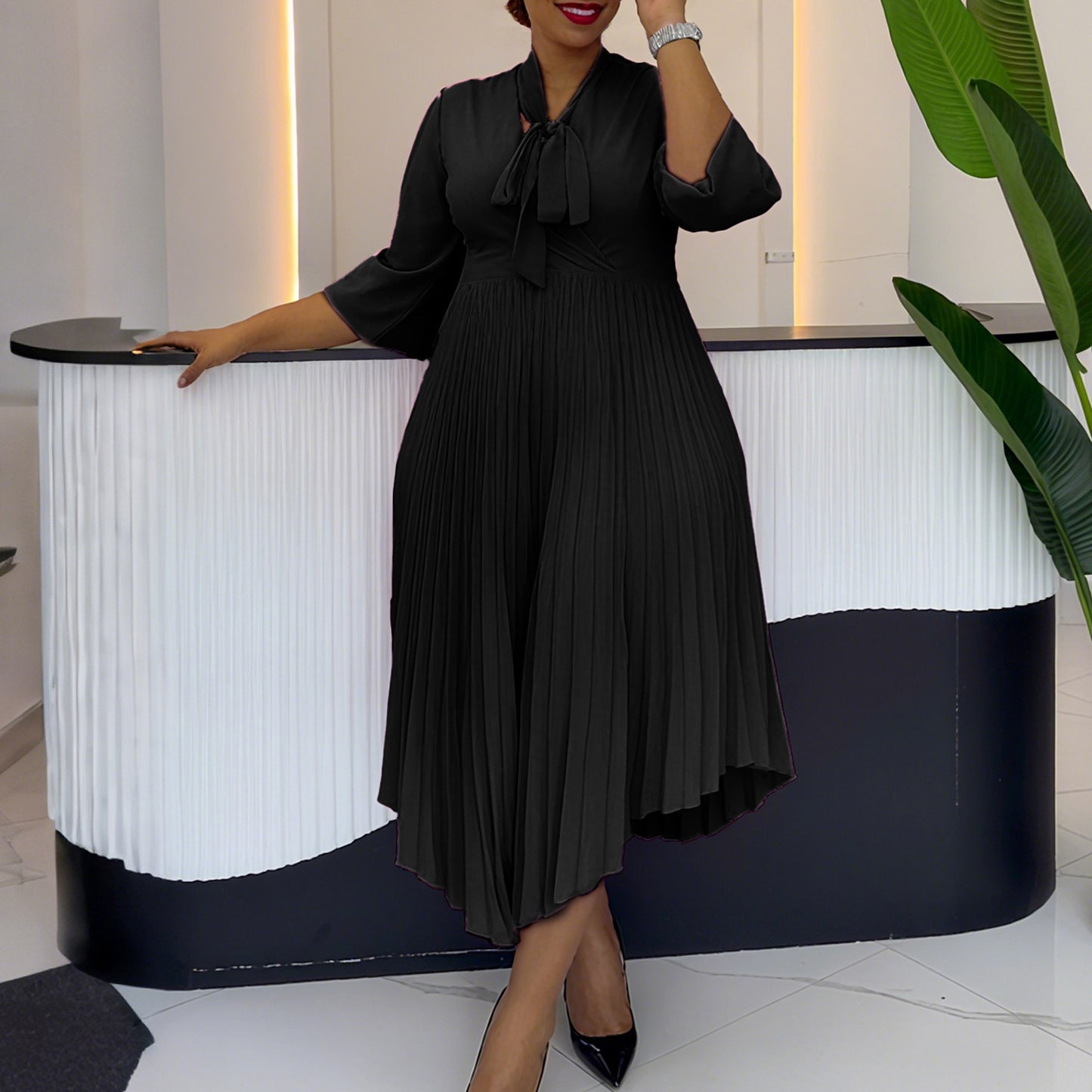 Three-quarter Sleeve Elegant Fashionable Asymmetric Pleated Skirts