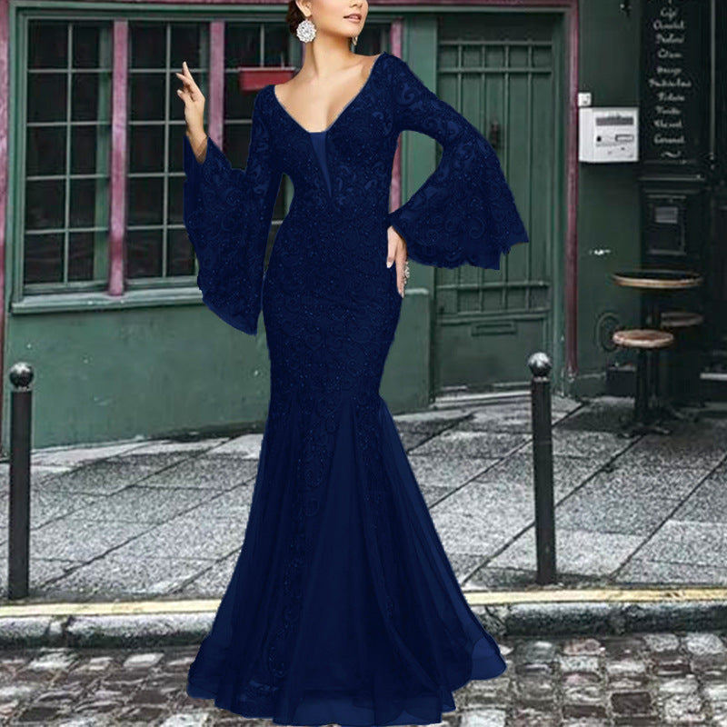 Lace Elegant Sexy Slim Fishtail Long Banquet Female Black Dress