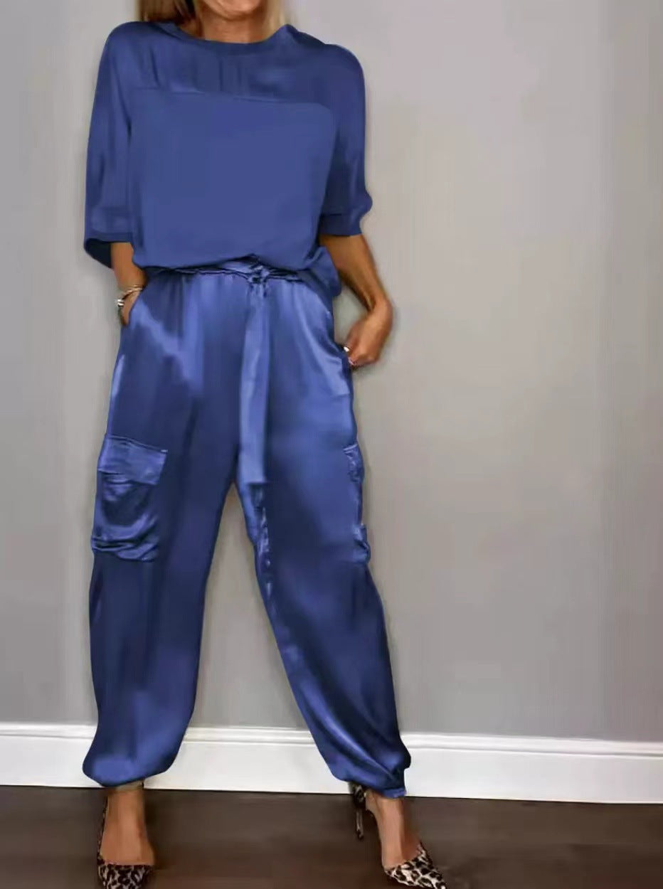 Women's Solid Color Smooth Satin Half Sleeve Shirt Two-piece Fashion Casual Suit