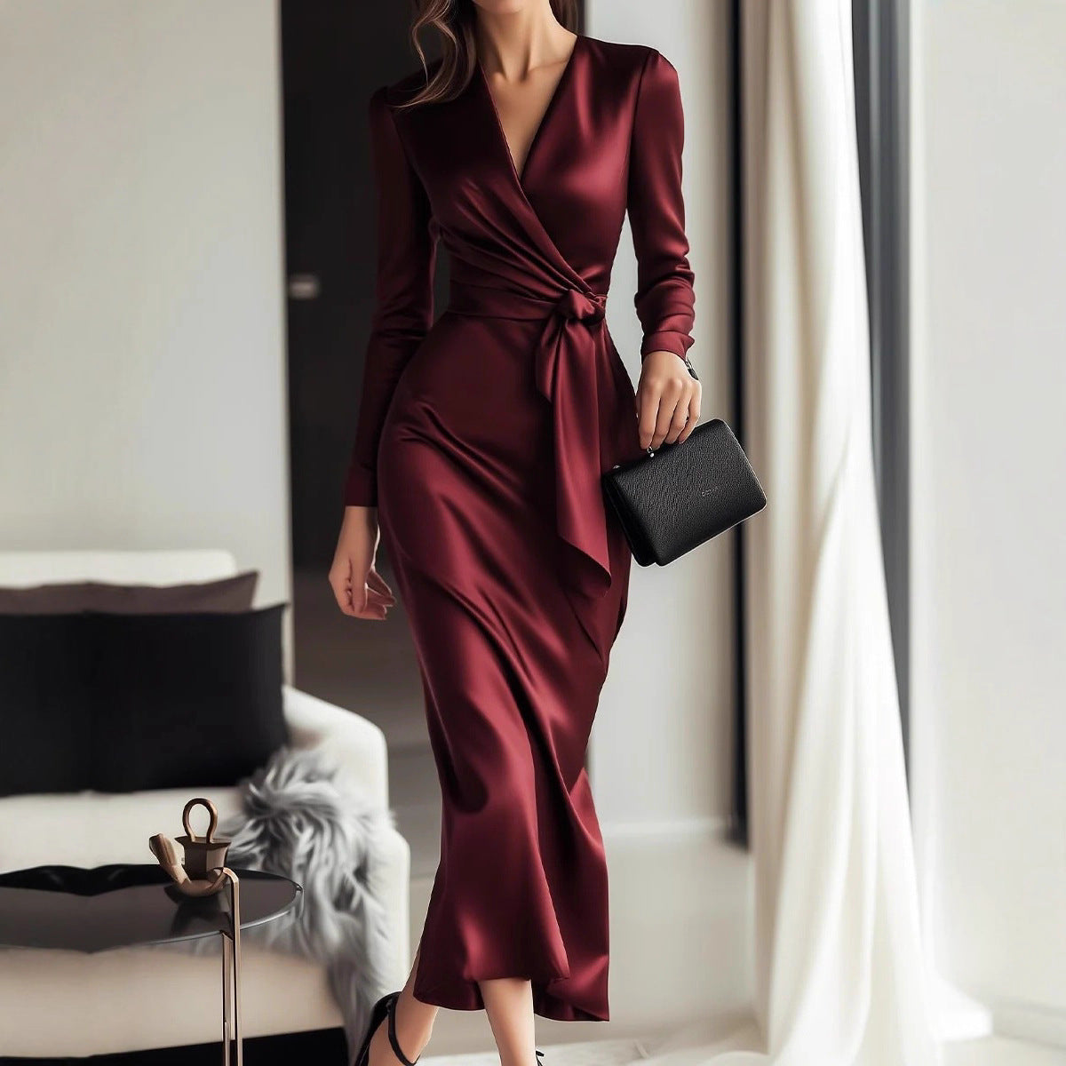Creative Slouchy Women's Fashionable Satin Waist Dress