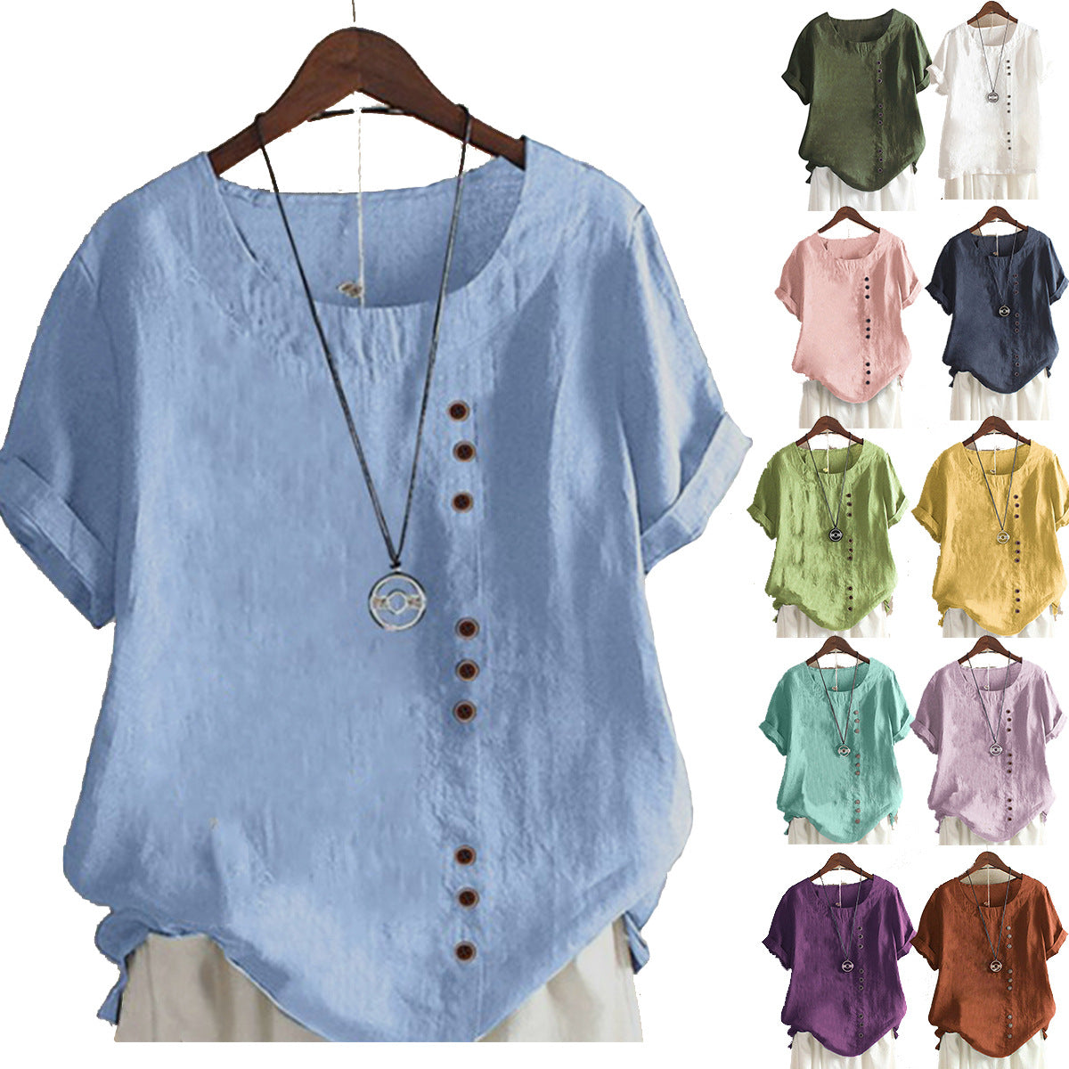 Women's Button Sleeve Casual Holiday Round Neck Regular Cotton Blouses
