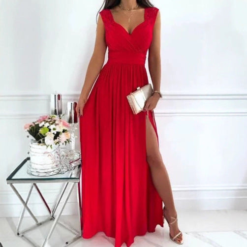 Women's Sleeveless Lace Backless Slit Hemline At Dress