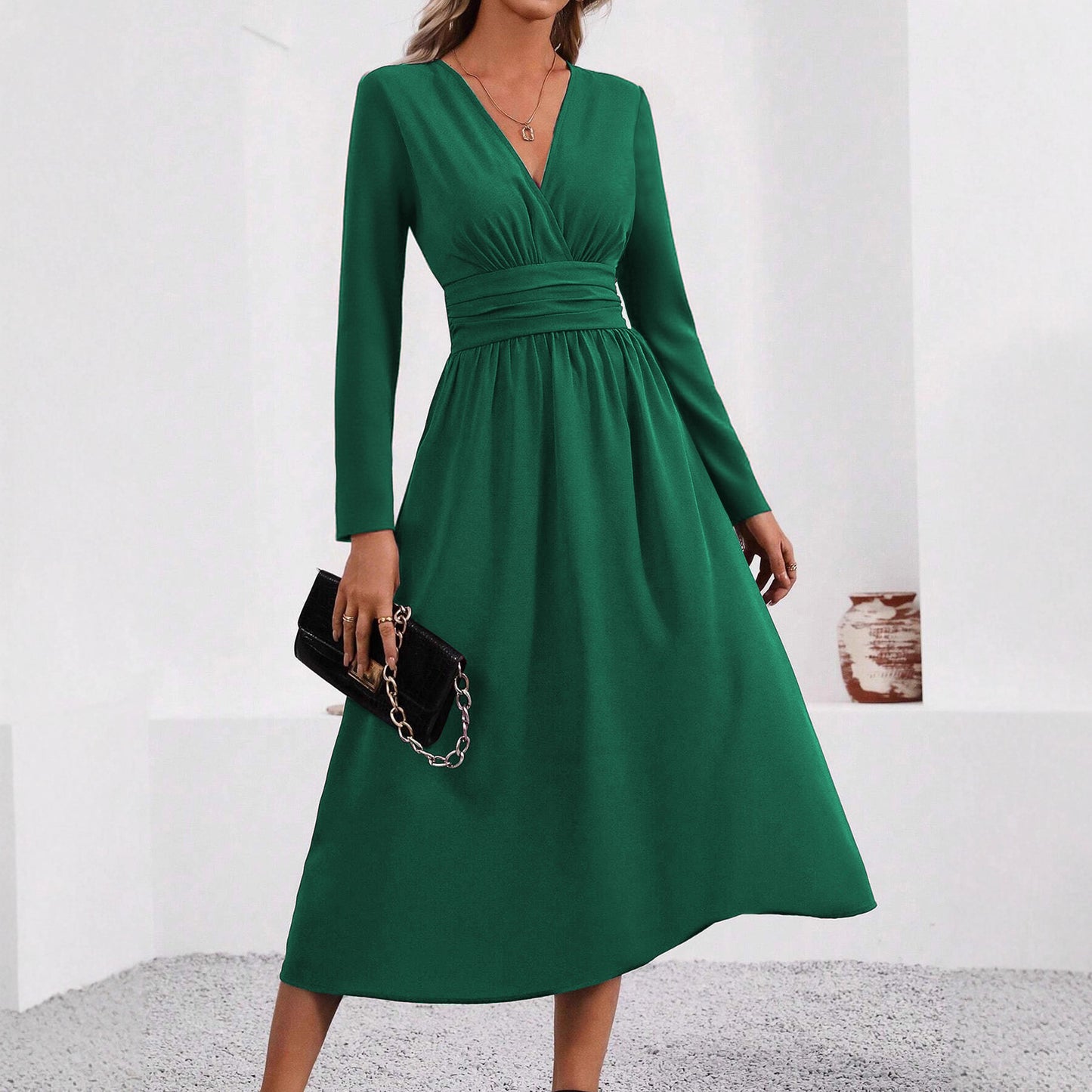 Women's Color Overlapping Long Sleeve Waist Pleated Dress