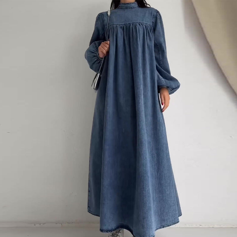 Round Neck Solid Color Loose Casual Long Dresses