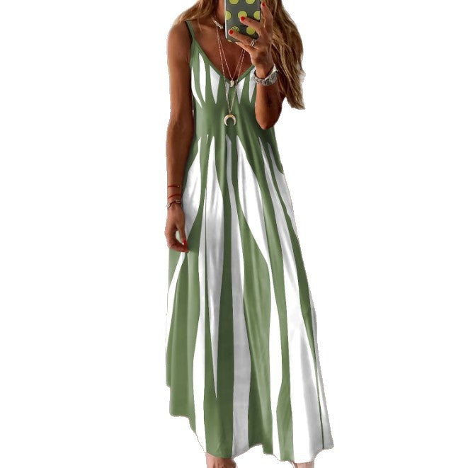 Women's Summer Fashion Striped Loose Sling Printing Dress