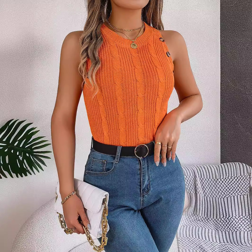 Women's Clearance Summer Solid Color Twist Button Sleeveless Women's Sweater