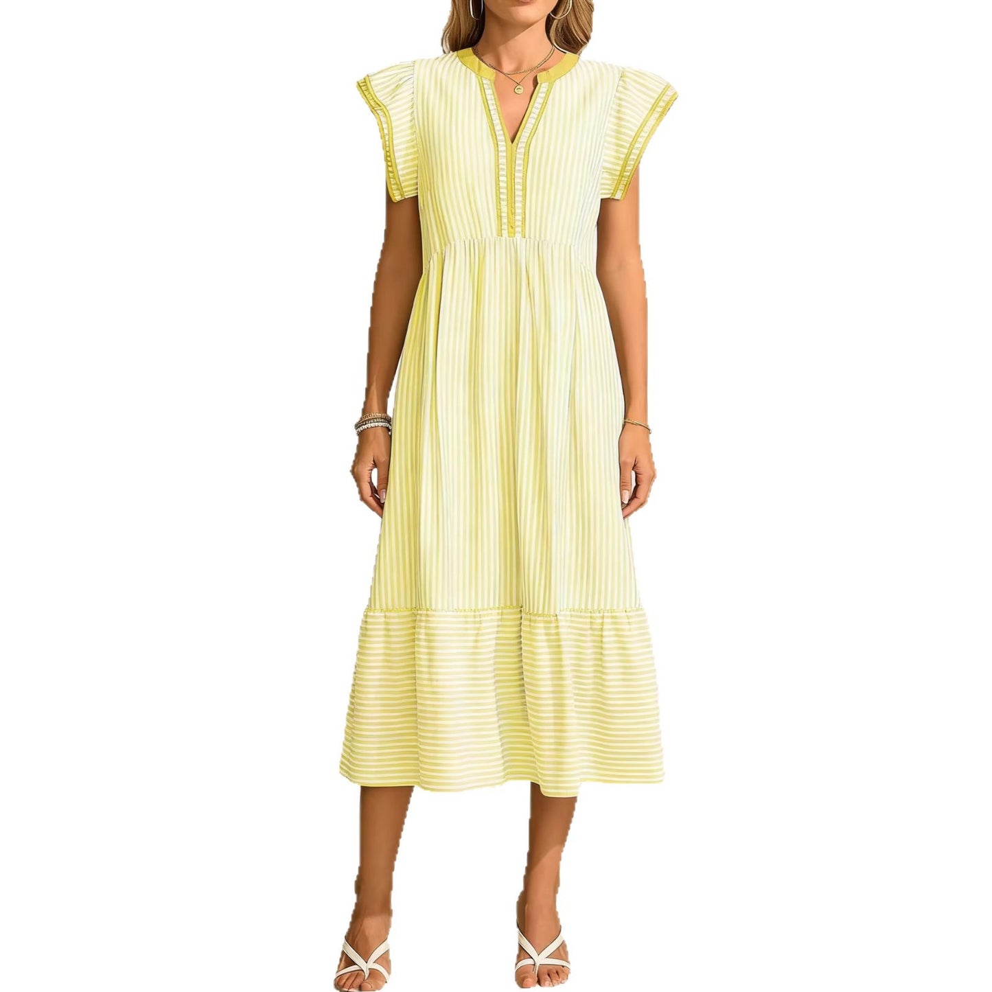 Women's Fashion Striped Double Frill Sleeve Contrast Dress