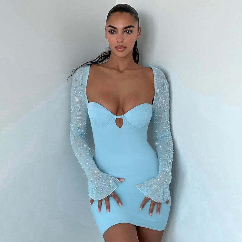 Women's Slim Sexy Sheath Fashion Bead Long-sleeved Dress