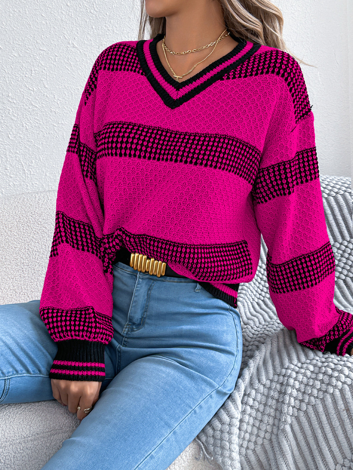 Women's Contrast Color Striped Lantern Long Sleeve Sweater