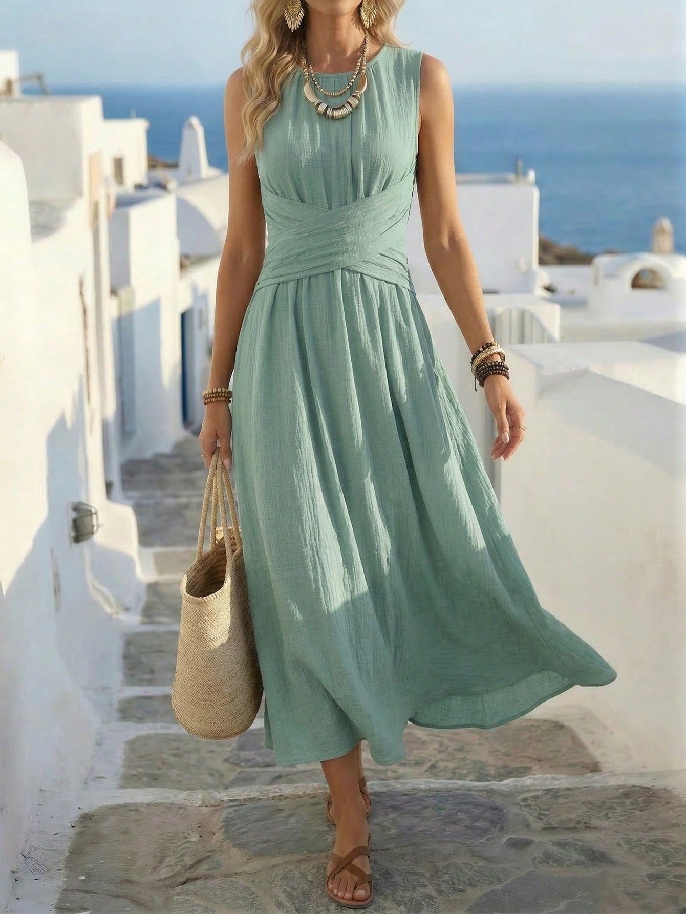 Women's Versatile Style Street Hipster Sleeveless Fitted Waist Pleated Slim Fit Dress