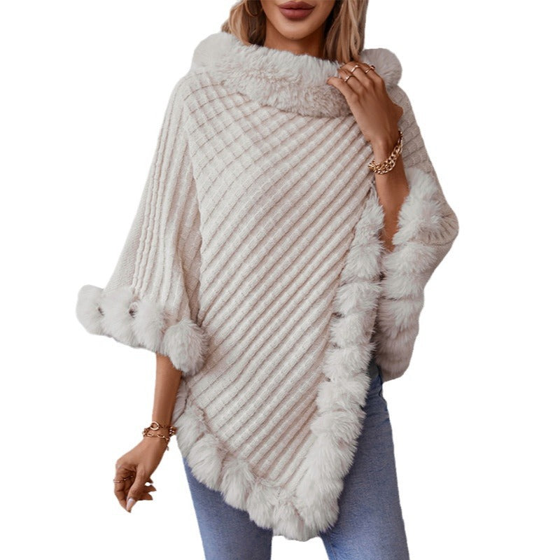 Women's Solid Color Fur Collar Pullover Thick Retro Plaid Women's Sweater