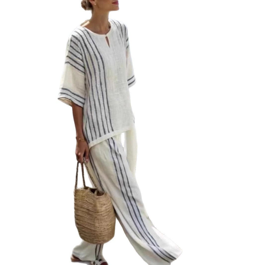 Women's Round Neck Striped Sleeve Cotton Linen Suits