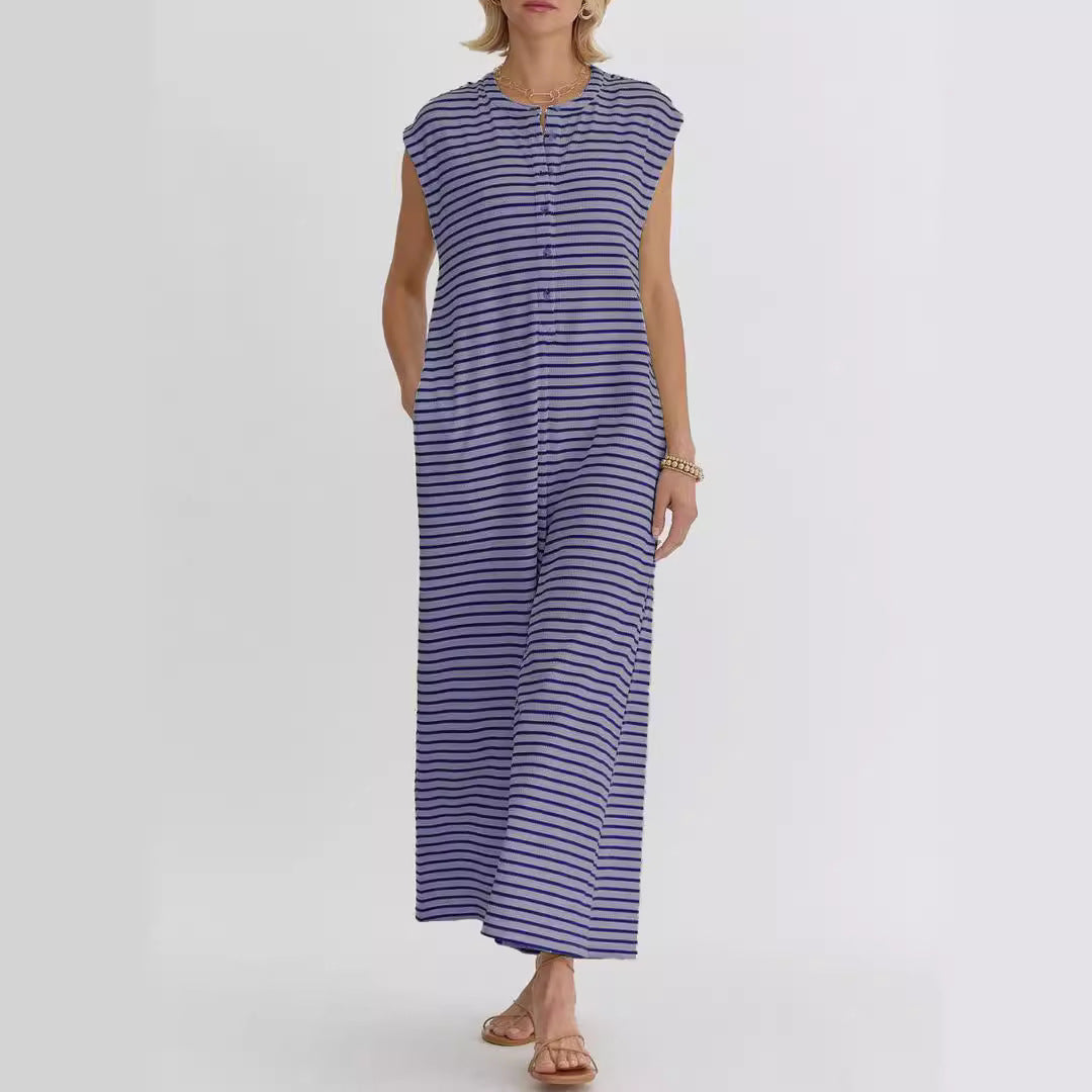Women's Simple Loose Striped Sleeveless Wide Leg Jumpsuits