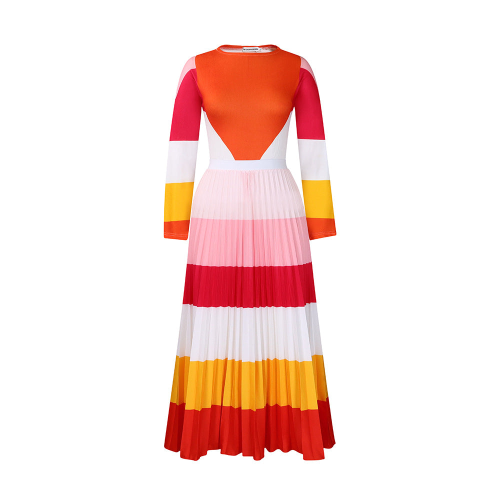 Autumn Pleated Print Contrast Color Long Sleeve Fashion Suits