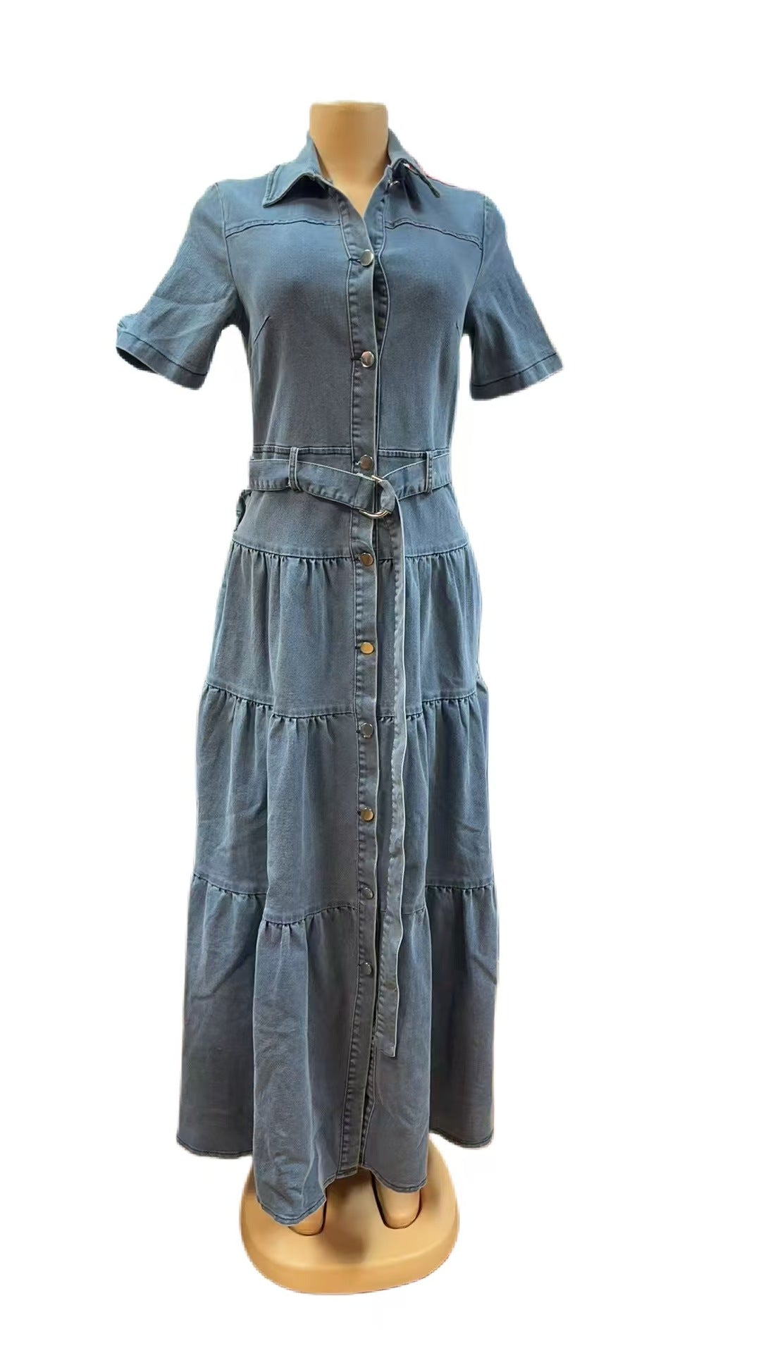 Women's Lapel Button Belt Waist Trimming Short-sleeved Dresses